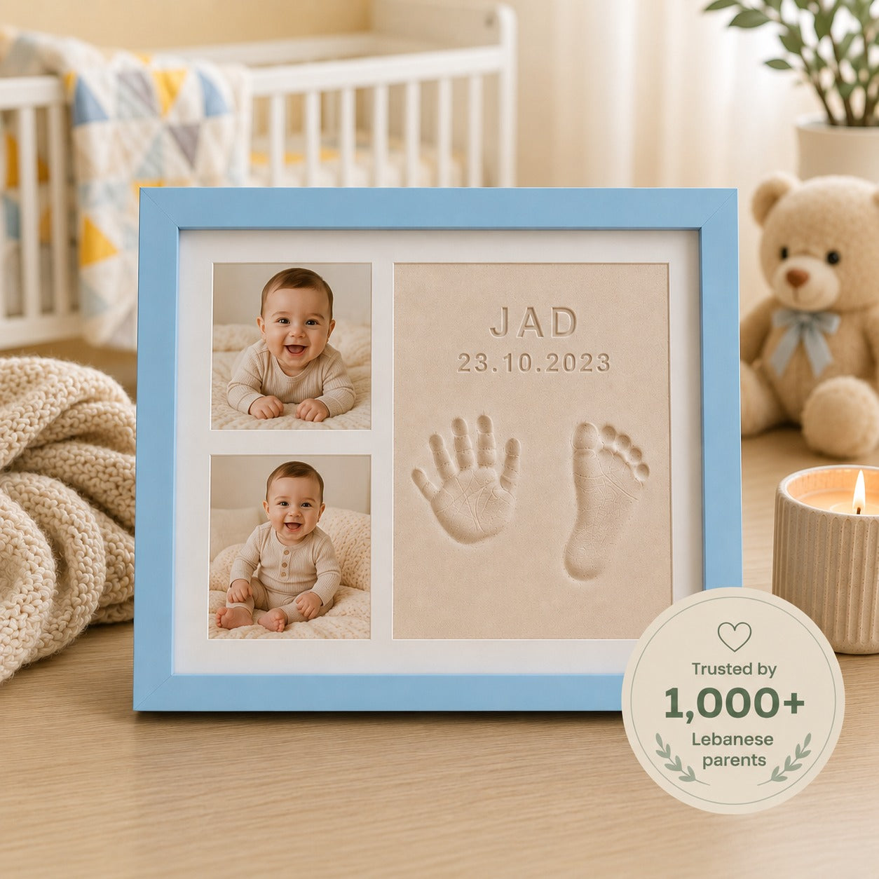 Baby handprint clay keepsake frame in nursery