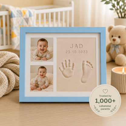 Baby handprint clay keepsake frame in nursery