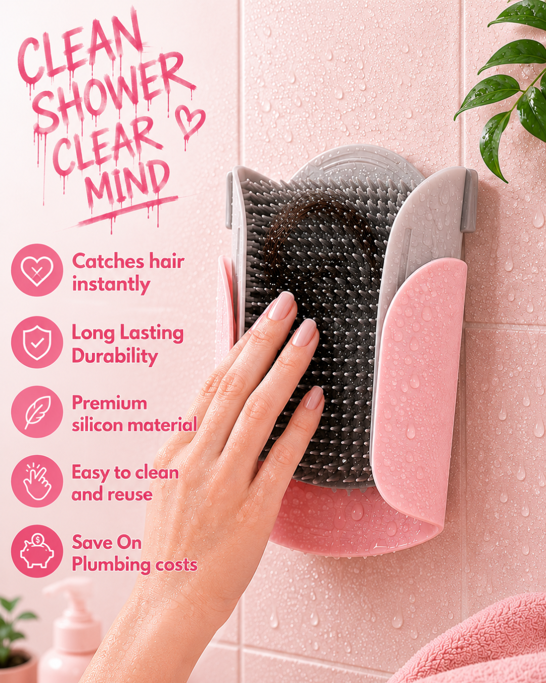 Reusable silicone shower hair catcher collecting loose hair